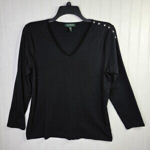 Ralph Lauren Shirt Womens 1X Black V Neck Button Shoulder Top Minimalist Classic